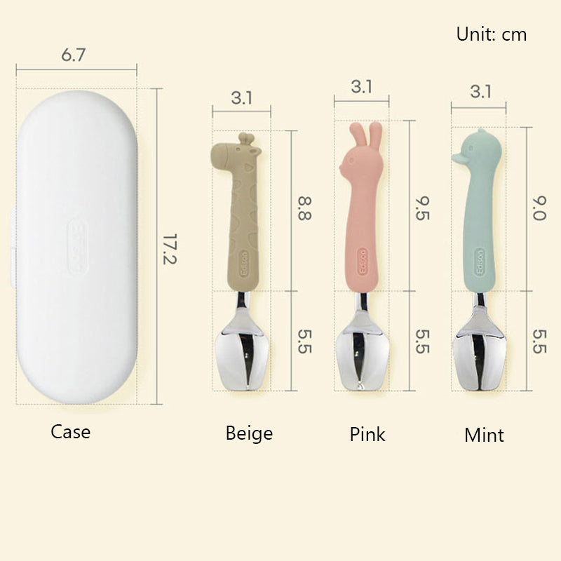 Silicone Handle Stainless Steel Spoon Fork Set with Case -Animals (2+ Years Old)