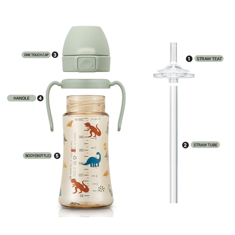 Grosmimi PPSU Straw Cup with Flip Top - 10oz (300ml) Stage 2 Straw - Dinosaur