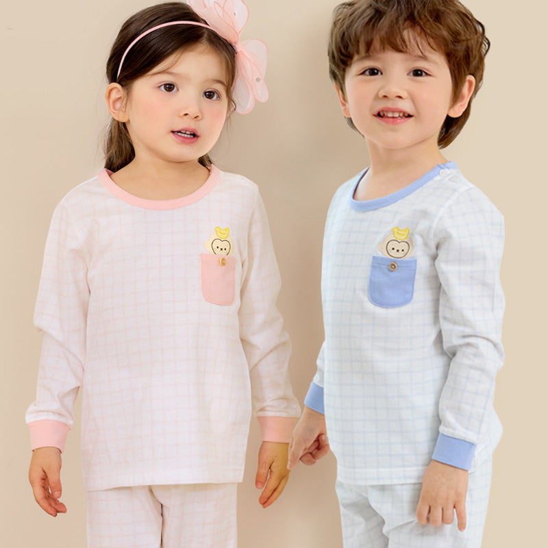 Korean Kids Cotton Pajamas Set-Blue Monkey
