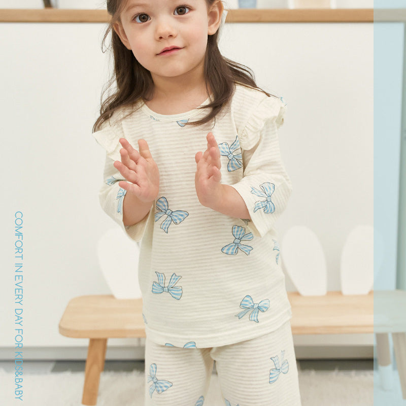 Korean Summer Short Shirt Pajamas Set-Blue Ribbon