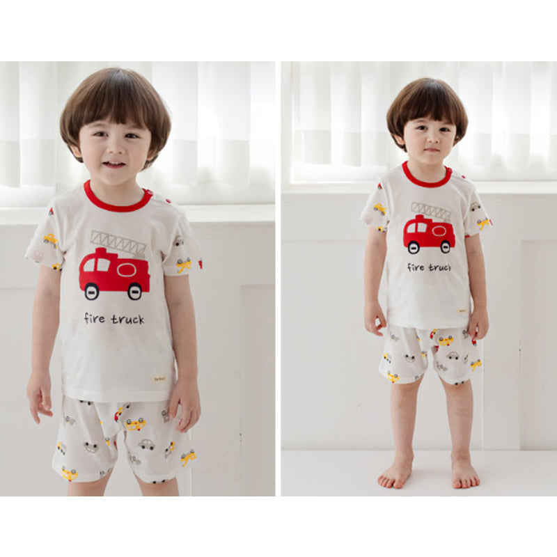 Kids Summer Short Shirt Cotton Cool Mesh Pajamas Set - Fire Truck