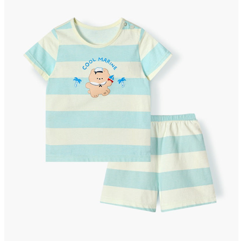 Korean Summer Short Shirt Pajamas Set-Marine Blue