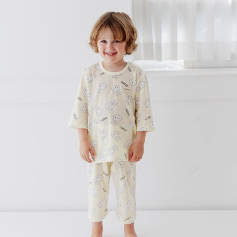 Korean Summer Short Shirt Pajamas Set-Yellow Rabbit
