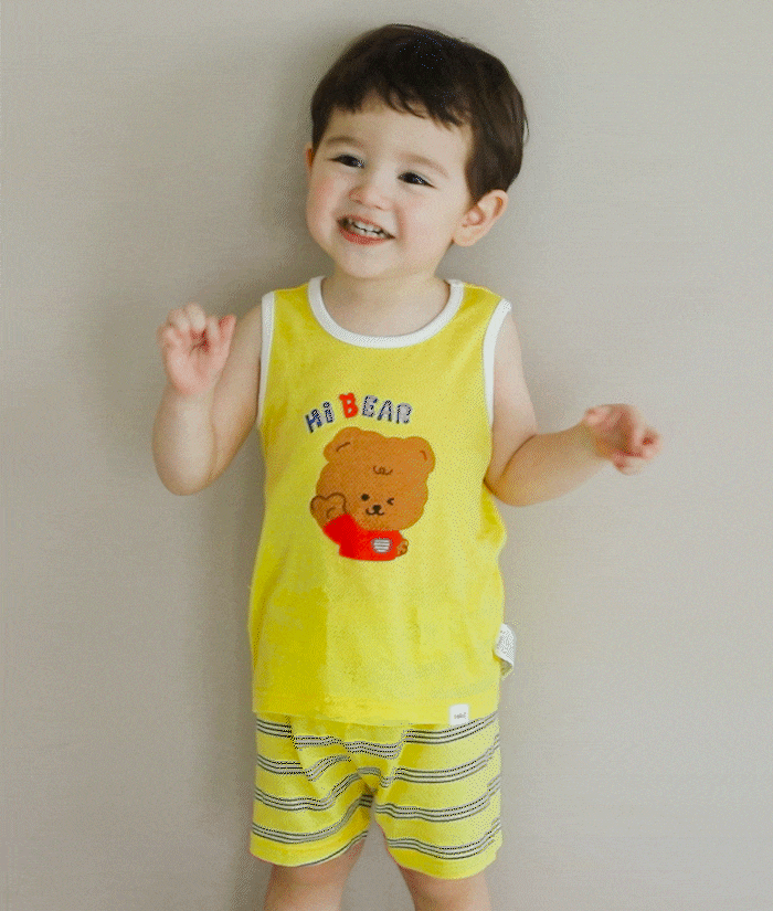 Kids Summer Seeveless Shirt Cotton Cool Mesh Pajamas Set - Bear