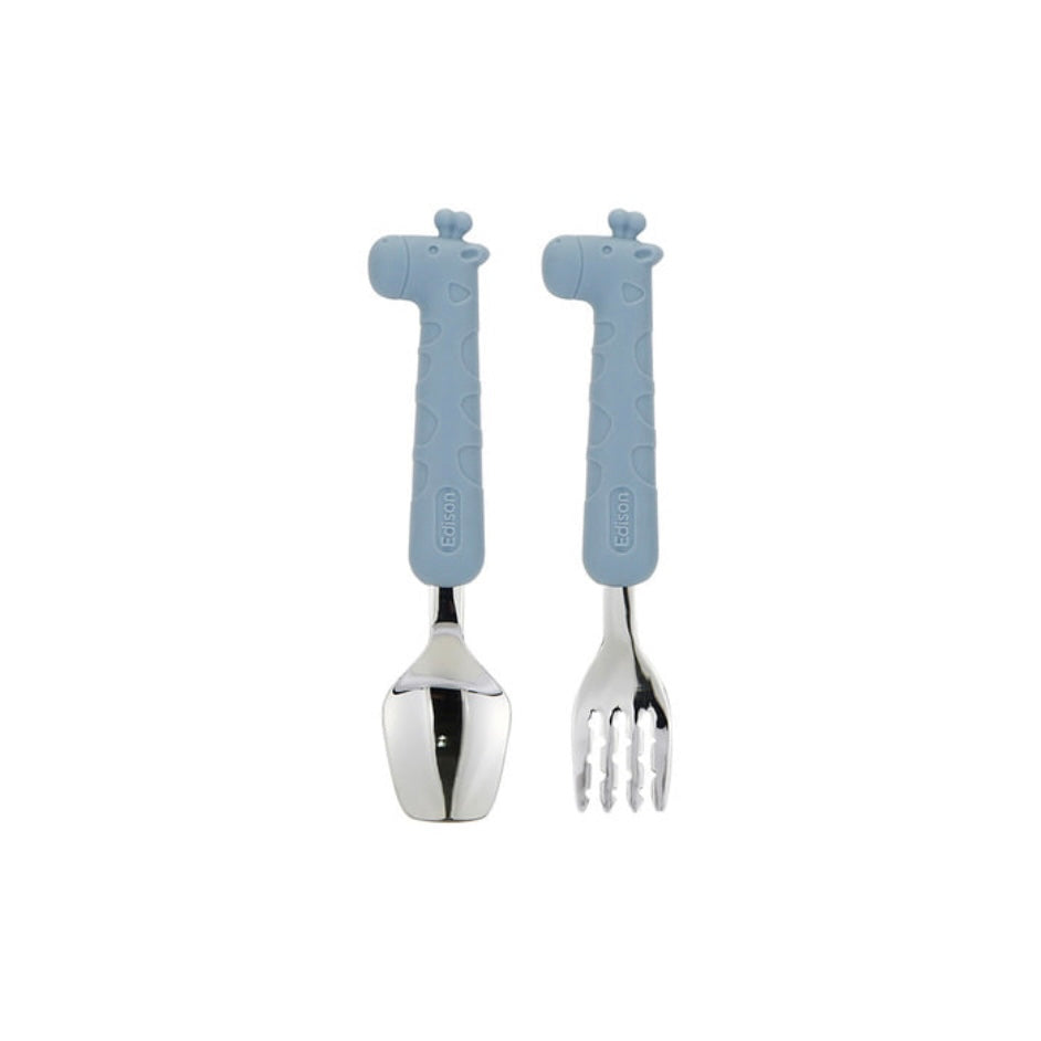 Silicone Handle Stainless Steel Spoon Fork Set with Case -Animals (2+ Years Old)