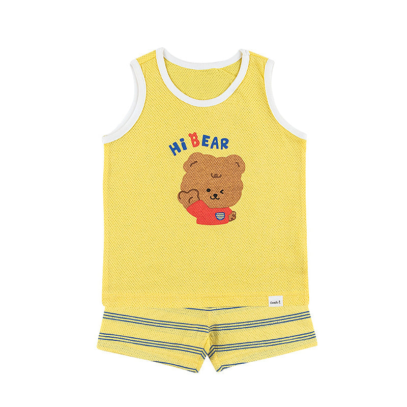 Kids Summer Seeveless Shirt Cotton Cool Mesh Pajamas Set - Bear