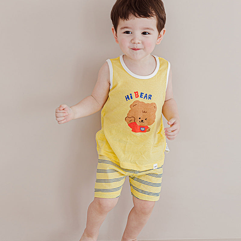 Kids Summer Seeveless Shirt Cotton Cool Mesh Pajamas Set - Bear