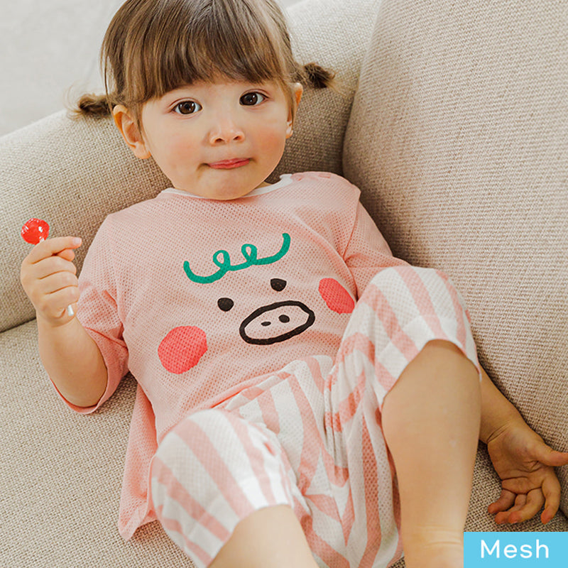 Kids Summer Short Shirt Cotton Cool Mesh Pajamas Set - Pig