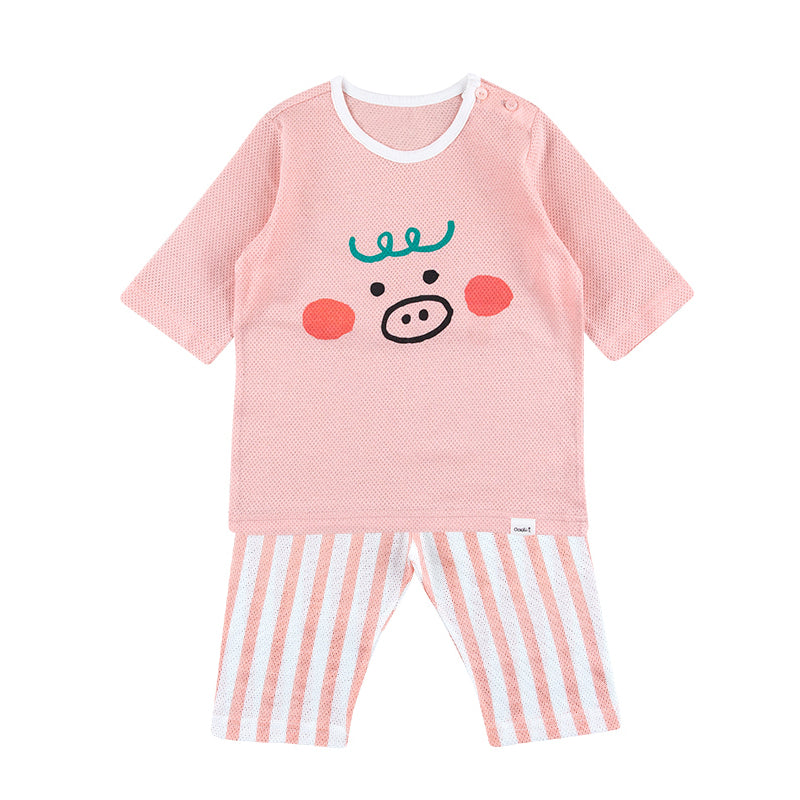 Kids Summer Short Shirt Cotton Cool Mesh Pajamas Set - Pig