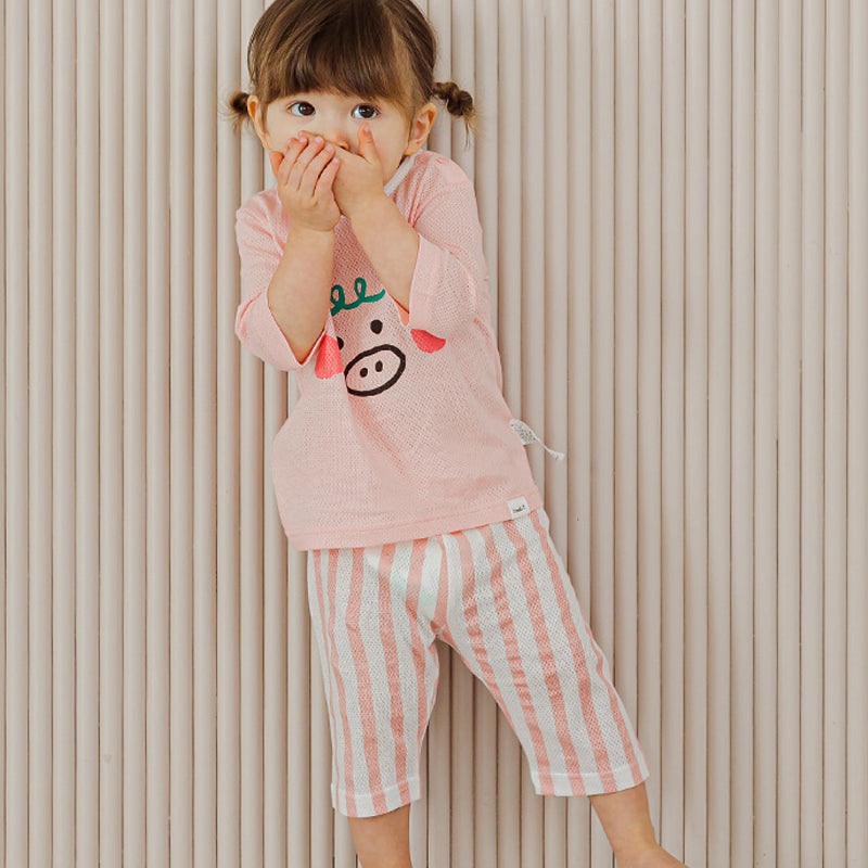 Kids Summer Short Shirt Cotton Cool Mesh Pajamas Set - Pig