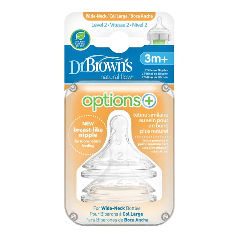 Dr. Brown's Options+ Natural Flow Wide-Neck Bottle Nipples Level 2 (3M+ Medium Flow) 2 Pack